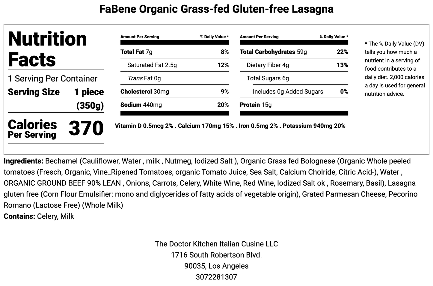 Organic Gluten-free Grass-Fed Beef Lasagna