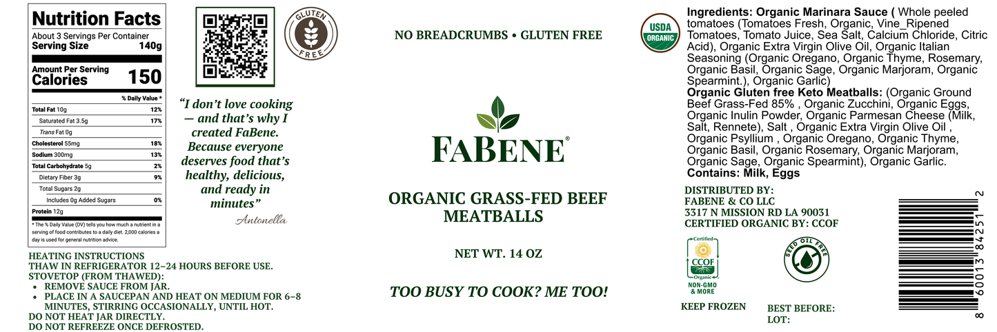 Organic Gluten-Free Beef Meatballs (Grass-Fed, Oven-Baked, Braised in Marinara)