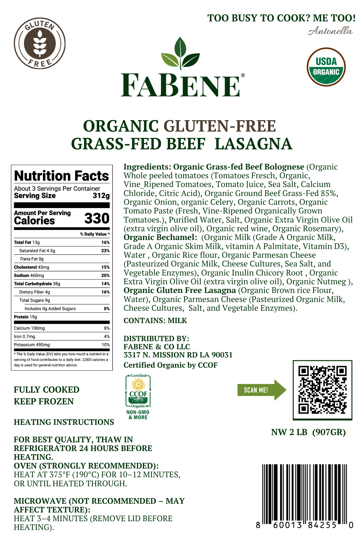 Organic Gluten-Free Beef Lasagna (100% Grass-Fed Beef, Egg-Free Pasta)