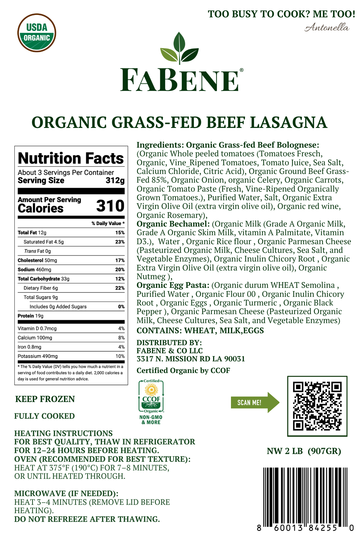 Organic Beef Lasagna with Italian Semolina Pasta (100% Grass-Fed Beef)
