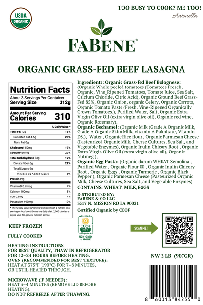 Organic Beef Lasagna with Italian Semolina Pasta (100% Grass-Fed Beef)