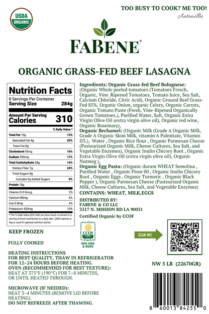 Organic Beef Lasagna with Italian Semolina Pasta (100% Grass-Fed Beef)