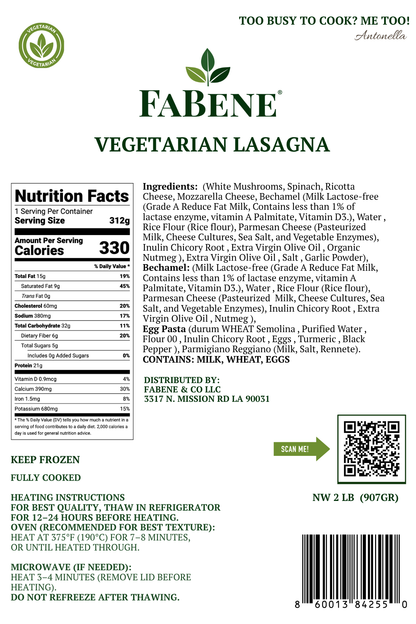 Vegetarian Lasagna with Spinach & Mushrooms (Italian Semolina Pasta)